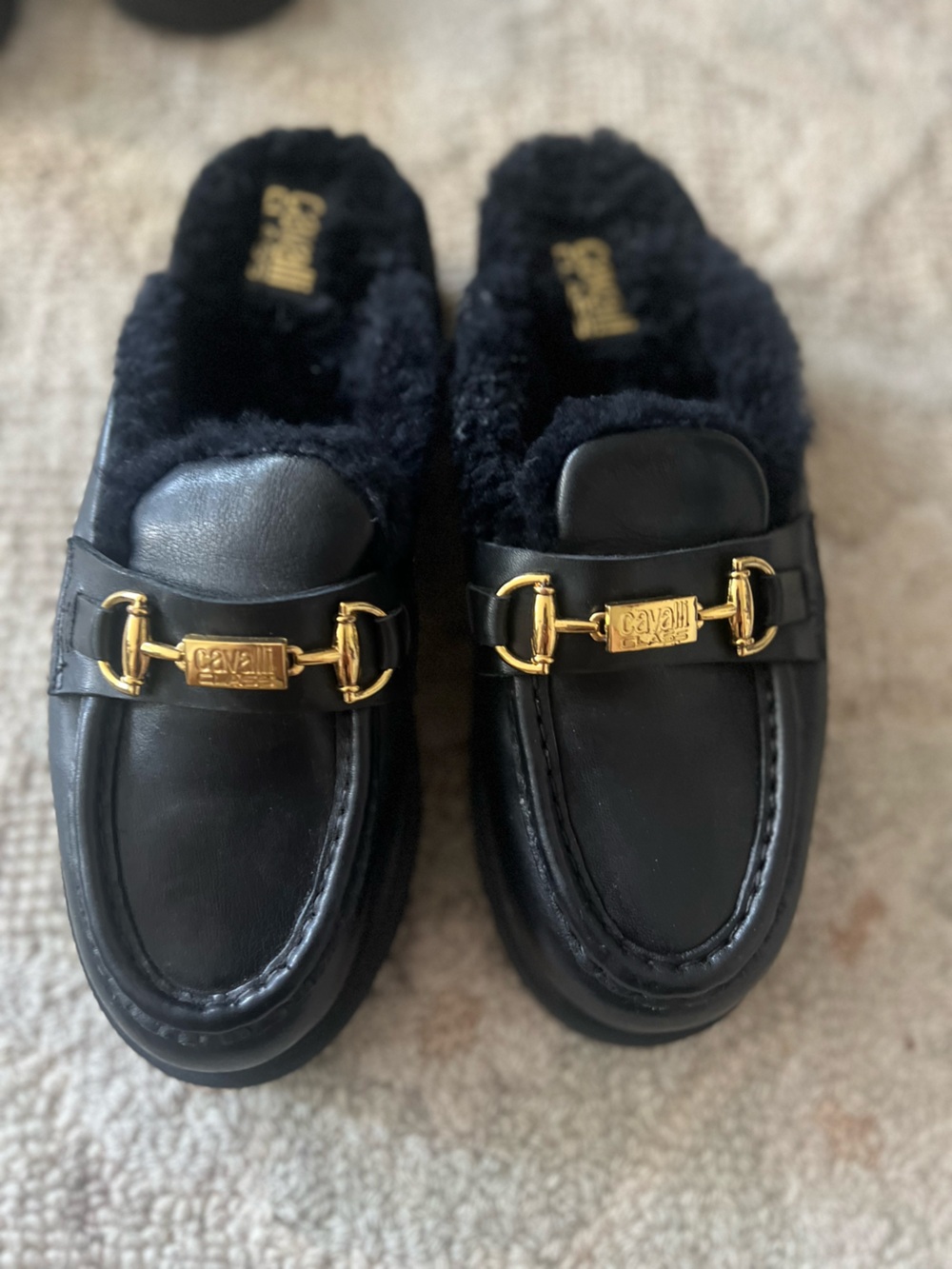 Cavalli Black Leather Fur-Lined Horsebit Loafers size 8